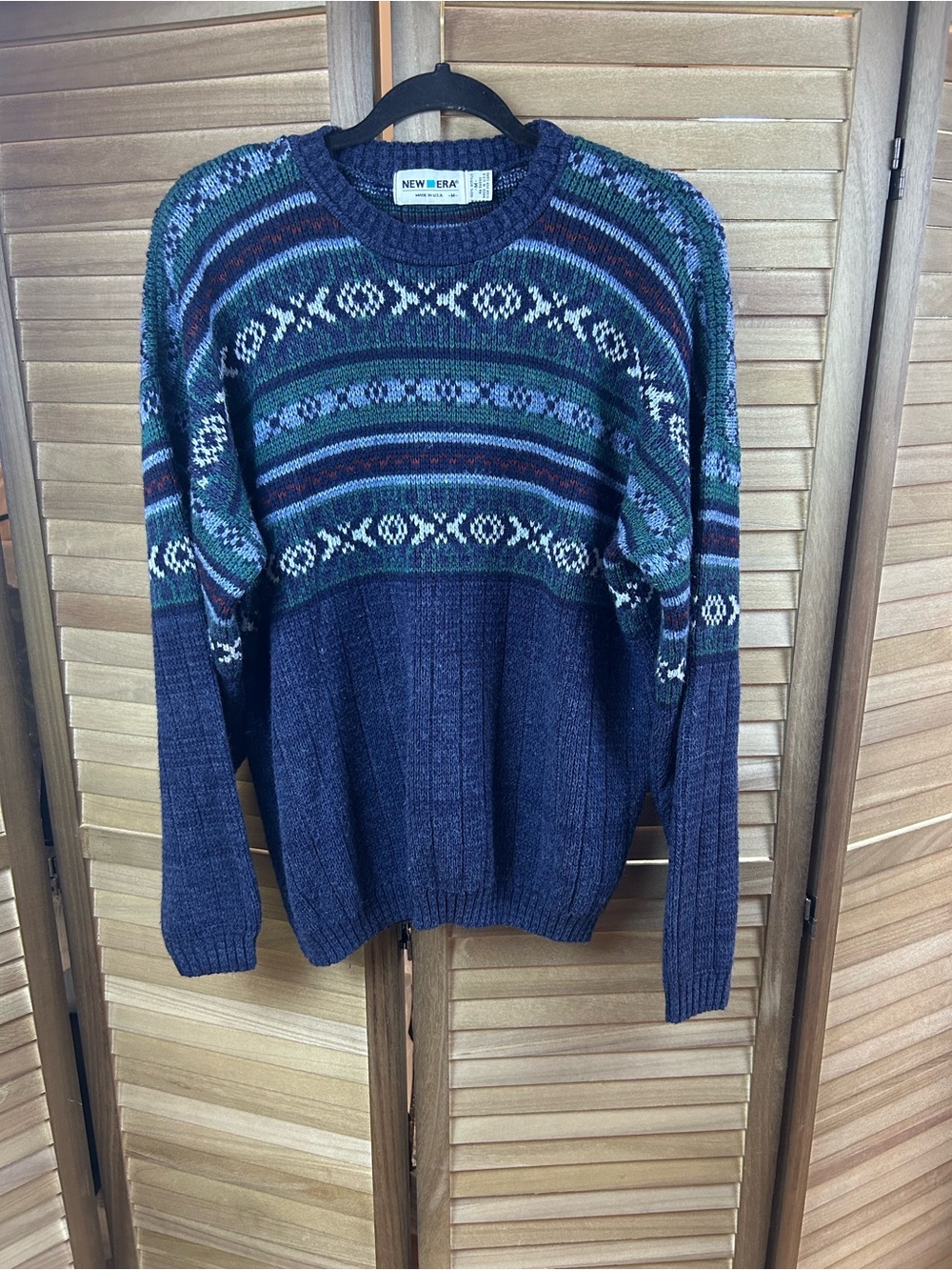 Vintage New Era Nordic Fair Isle Sweater Blue Green Acrylic Knit Made in The USA